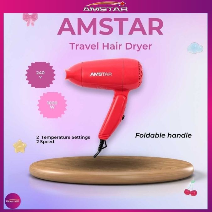 Amstar 1000W Foldable Hair Dryer – Travel Size Blower with 2 Heat & 2 Speed Settings - Amstar PH